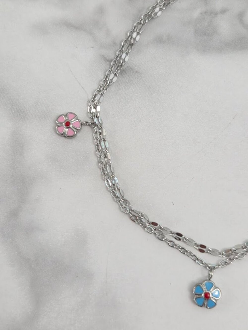 Boho Silver Double Chain Flower Anklet Pink Blue - Picture 12 of 16